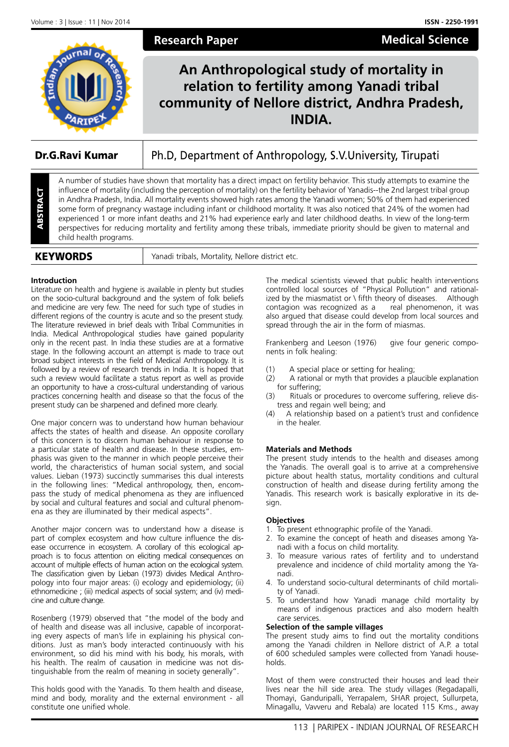 An Anthropological Study of Mortality in Relation to Fertility Among Yanadi Tribal Community of Nellore District, Andhra Pradesh, INDIA