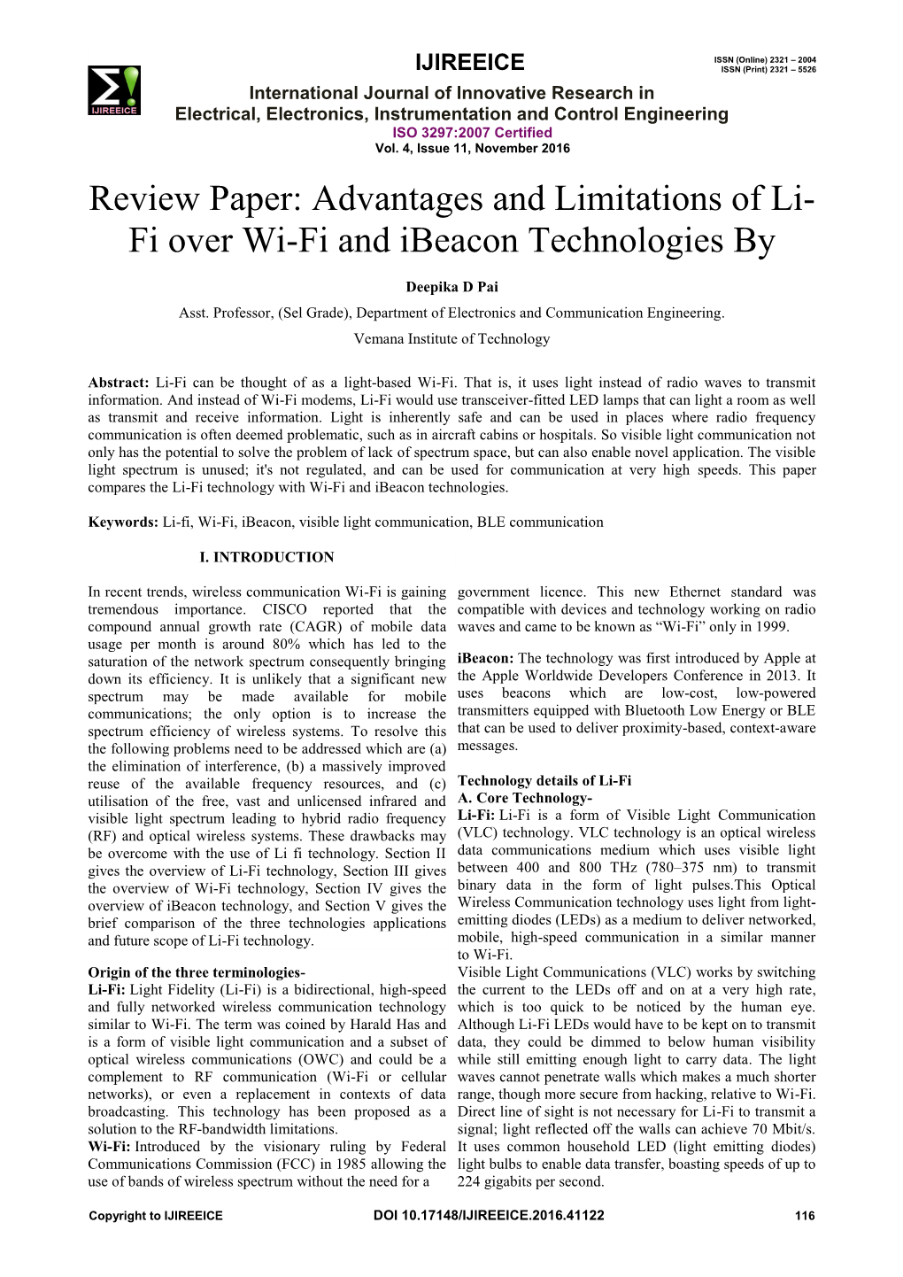 Advantages and Limitations of Li- Fi Over Wi-Fi and Ibeacon Technologies By