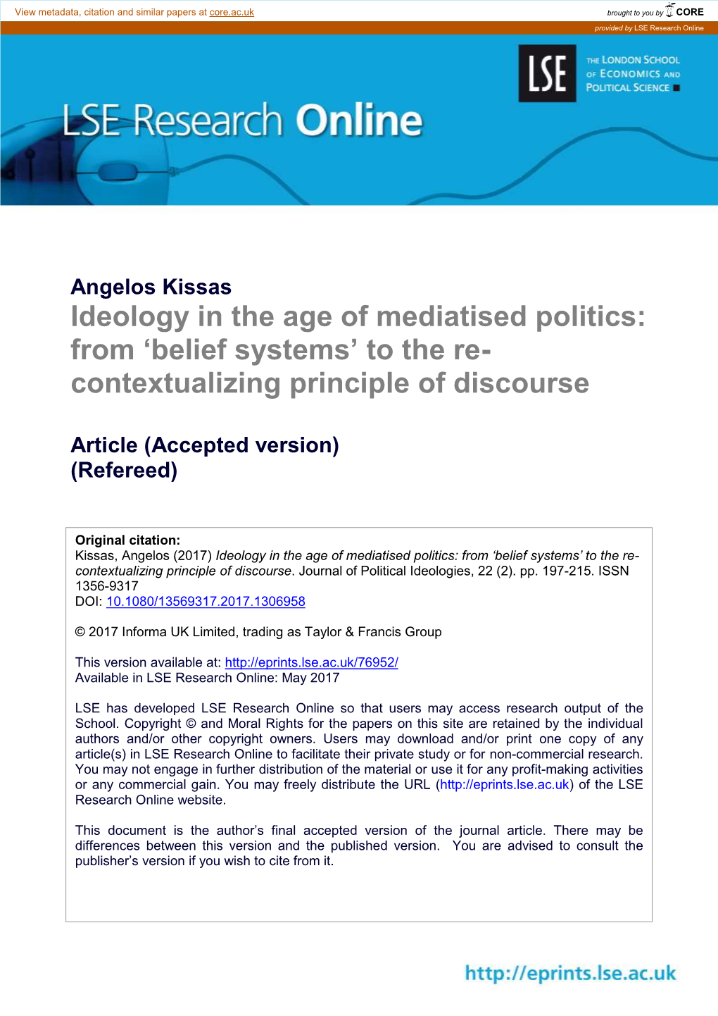 Ideology in the Age of Mediatised Politics: from 'Belief Systems'