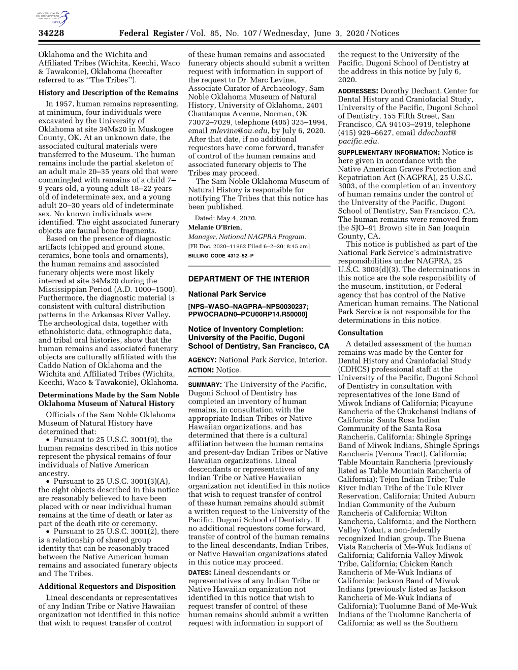 Federal Register/Vol. 85, No. 107/Wednesday, June 3, 2020