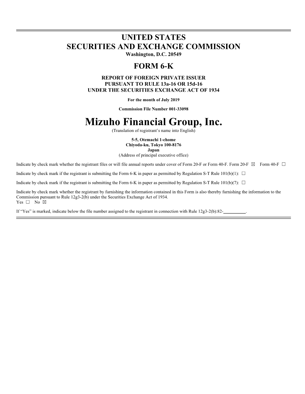 Mizuho Financial Group, Inc. (Translation of Registrant’S Name Into English)