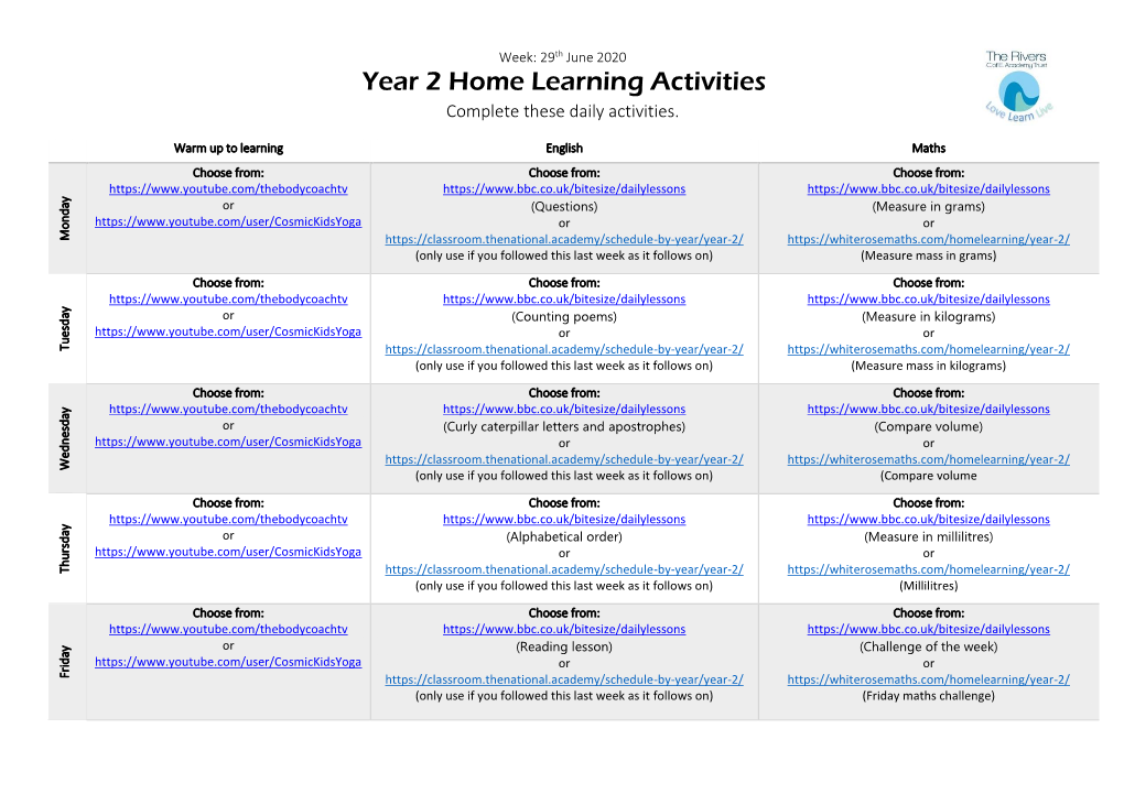 Year 2 Home Learning Activities Complete These Daily Activities