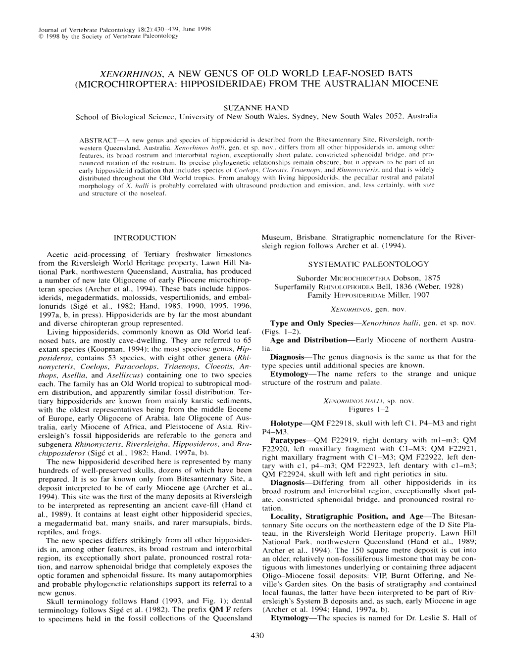 Microchiroptera: Hipposideridae) from the Australian Miocene