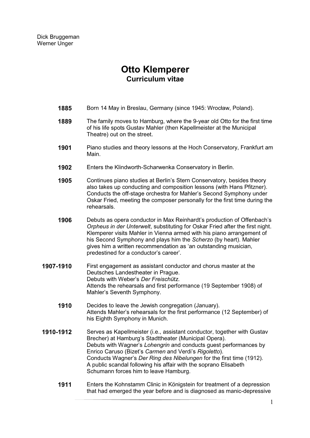 Otto Klemperer Curriculum Vitae