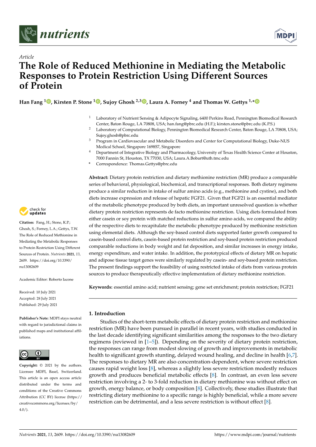 The Role of Reduced Methionine in Mediating the Metabolic Responses to Protein Restriction Using Different Sources of Protein