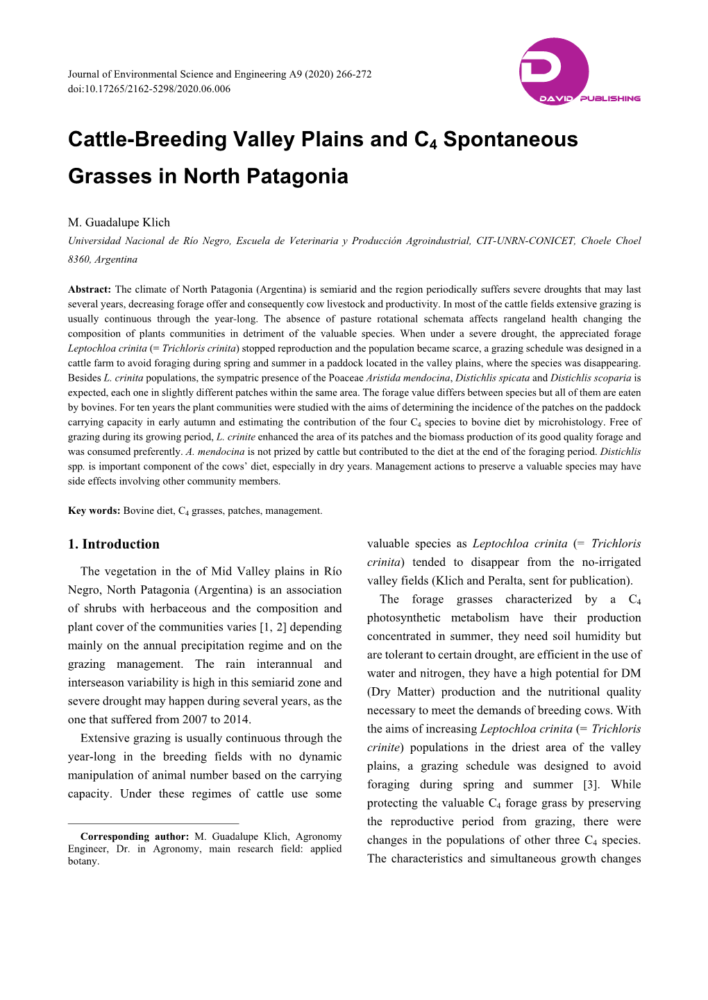 Cattle-Breeding Valley Plains and C4 Spontaneous Grasses in North Patagonia