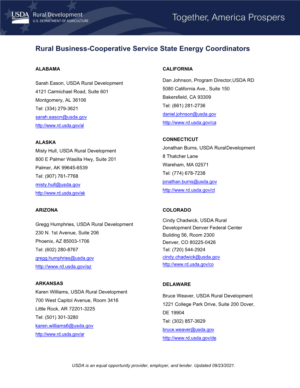Rural Business-Cooperative Service State Energy Coordinators