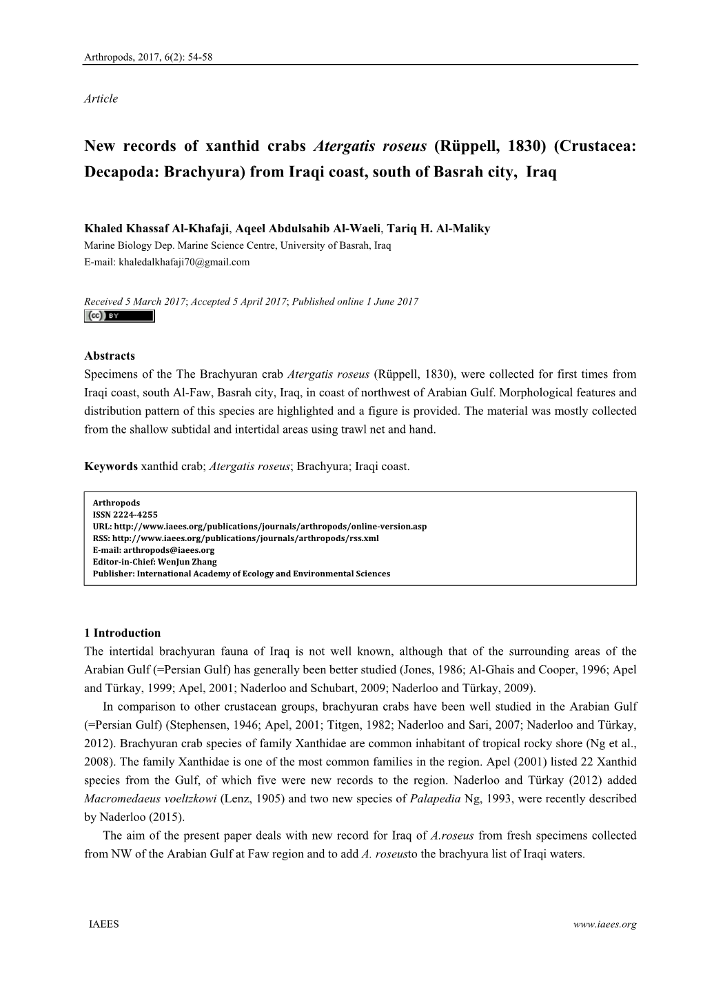 New Records of Xanthid Crabs Atergatis Roseus (Rüppell, 1830) (Crustacea: Decapoda: Brachyura) from Iraqi Coast, South of Basrah City, Iraq