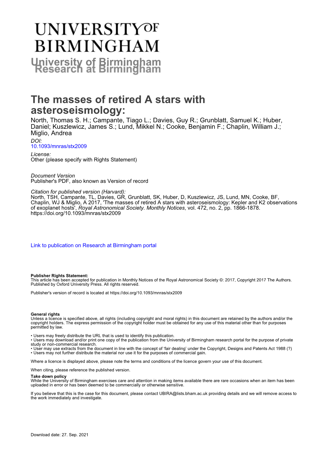 The Masses of Retired a Stars with Asteroseismology: North, Thomas S