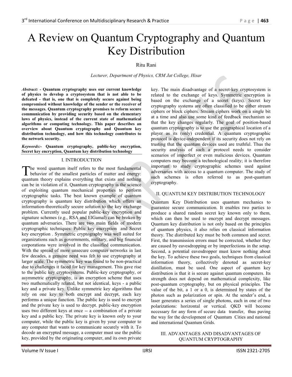 A Review on Quantum Cryptography and Quantum Key Distribution