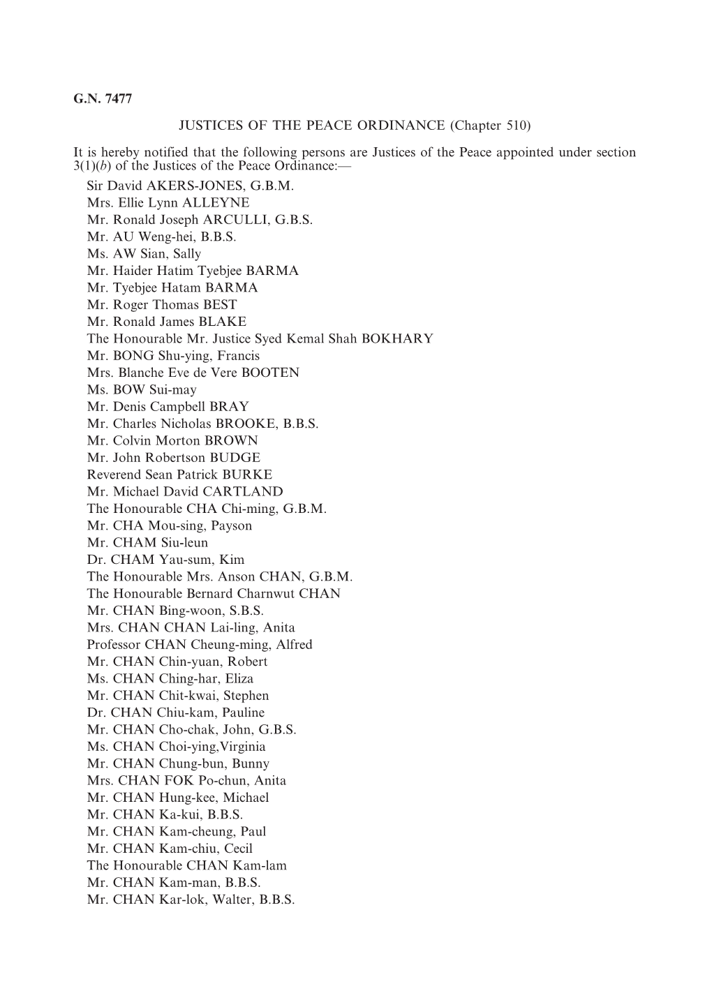 G.N. 7477 JUSTICES of the PEACE ORDINANCE (Chapter 510) It Is