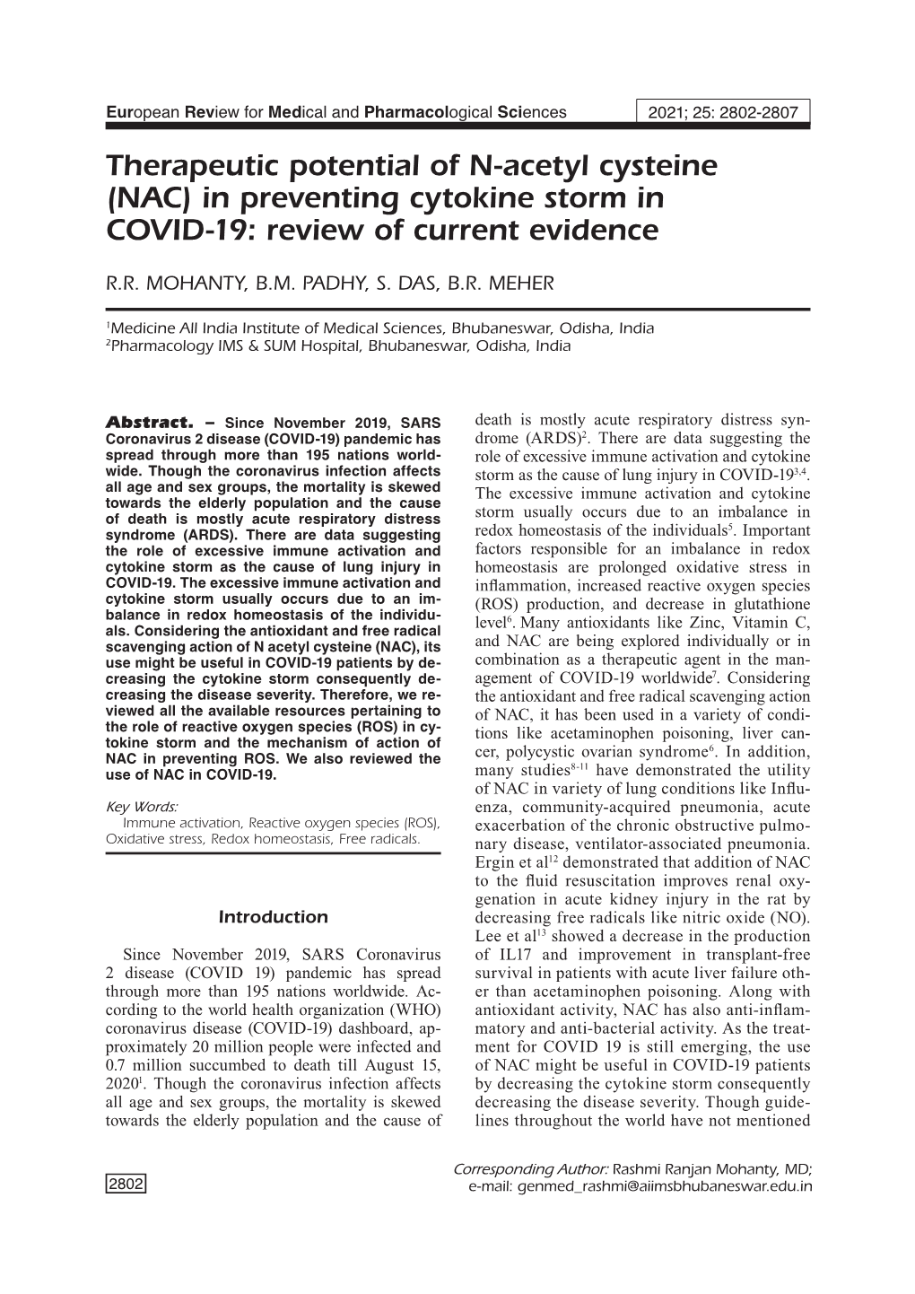 Therapeutic Potential of N-Acetyl Cysteine (NAC) in Preventing Cytokine Storm in COVID-19: Review of Current Evidence