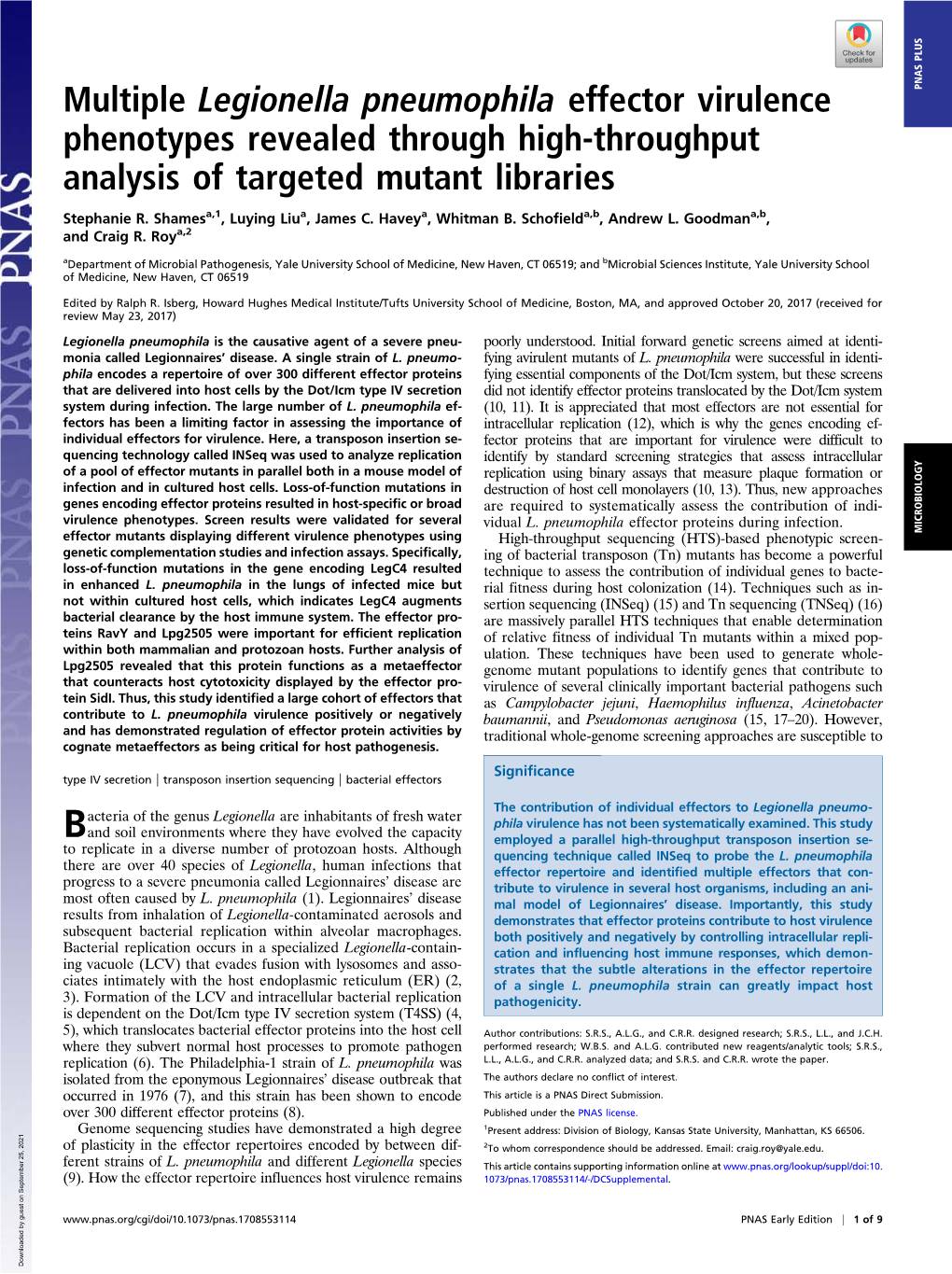 Multiple Legionella Pneumophila Effector Virulence Phenotypes