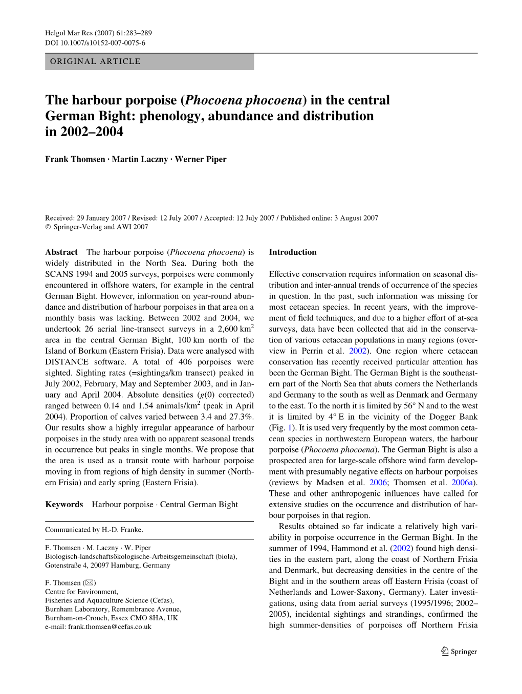 The Harbour Porpoise (Phocoena Phocoena) in the Central German Bight: Phenology, Abundance and Distribution in 2002–2004