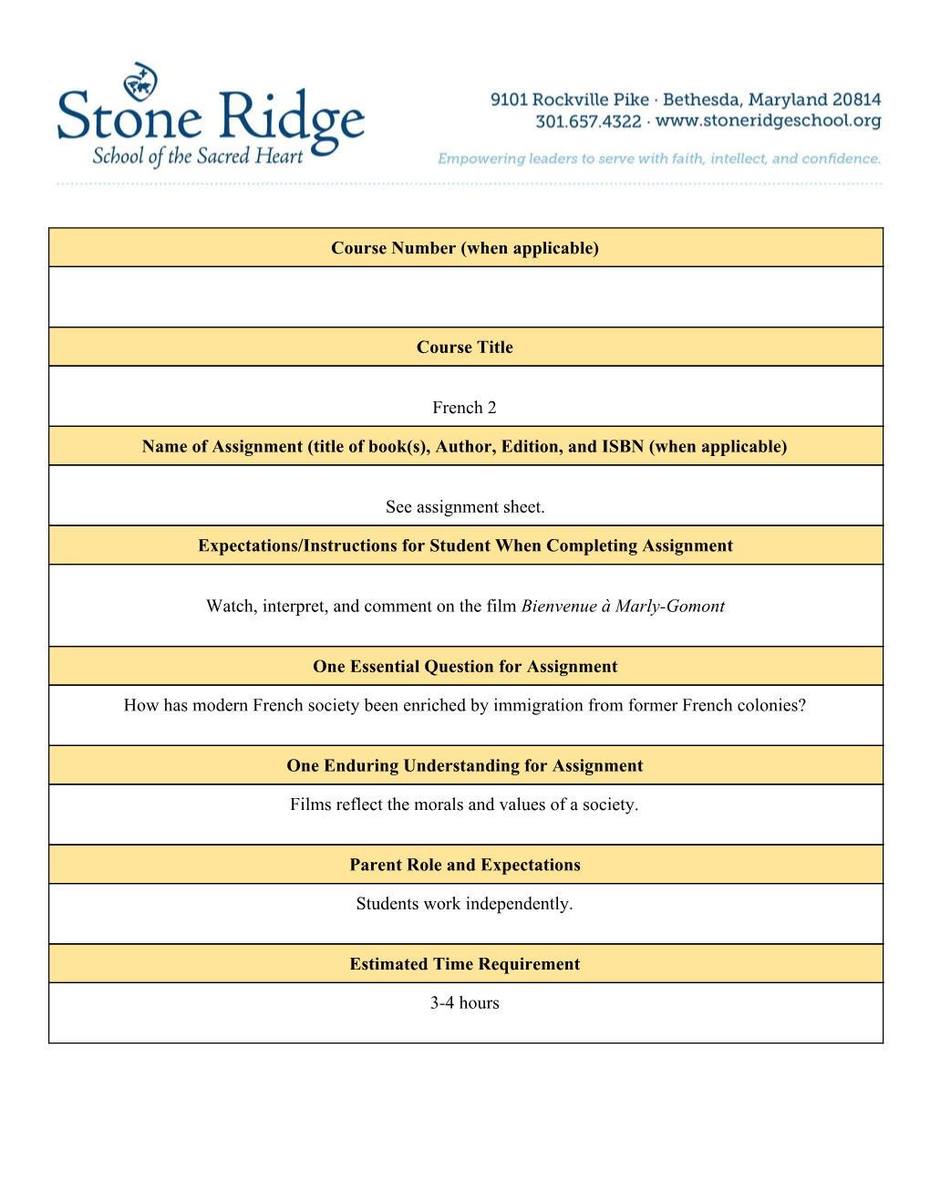 Course Number (When Applicable) Course Title French 2 Name of Assignment (Title of Book(S), Author, Edition, and ISBN (When Appl