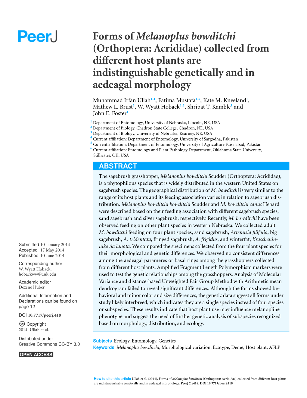 Forms of Melanoplus Bowditchi (Orthoptera: Acrididae) Collected from Different Host Plants Are Indistinguishable Genetically and in Aedeagal Morphology