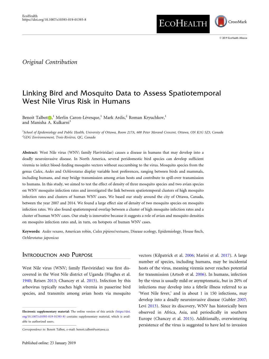 Linking Bird and Mosquito Data to Assess Spatiotemporal West Nile Virus Risk in Humans