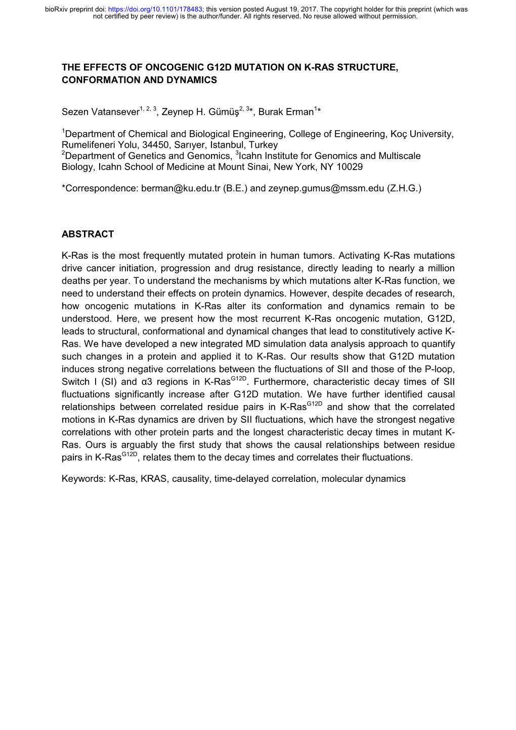 The Effects of Oncogenic G12d Mutation on K-Ras Structure, Conformation and Dynamics