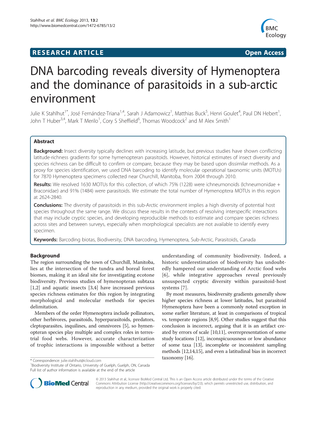 DNA Barcoding Reveals Diversity of Hymenoptera and the Dominance of Parasitoids in a Sub-Arctic Environment