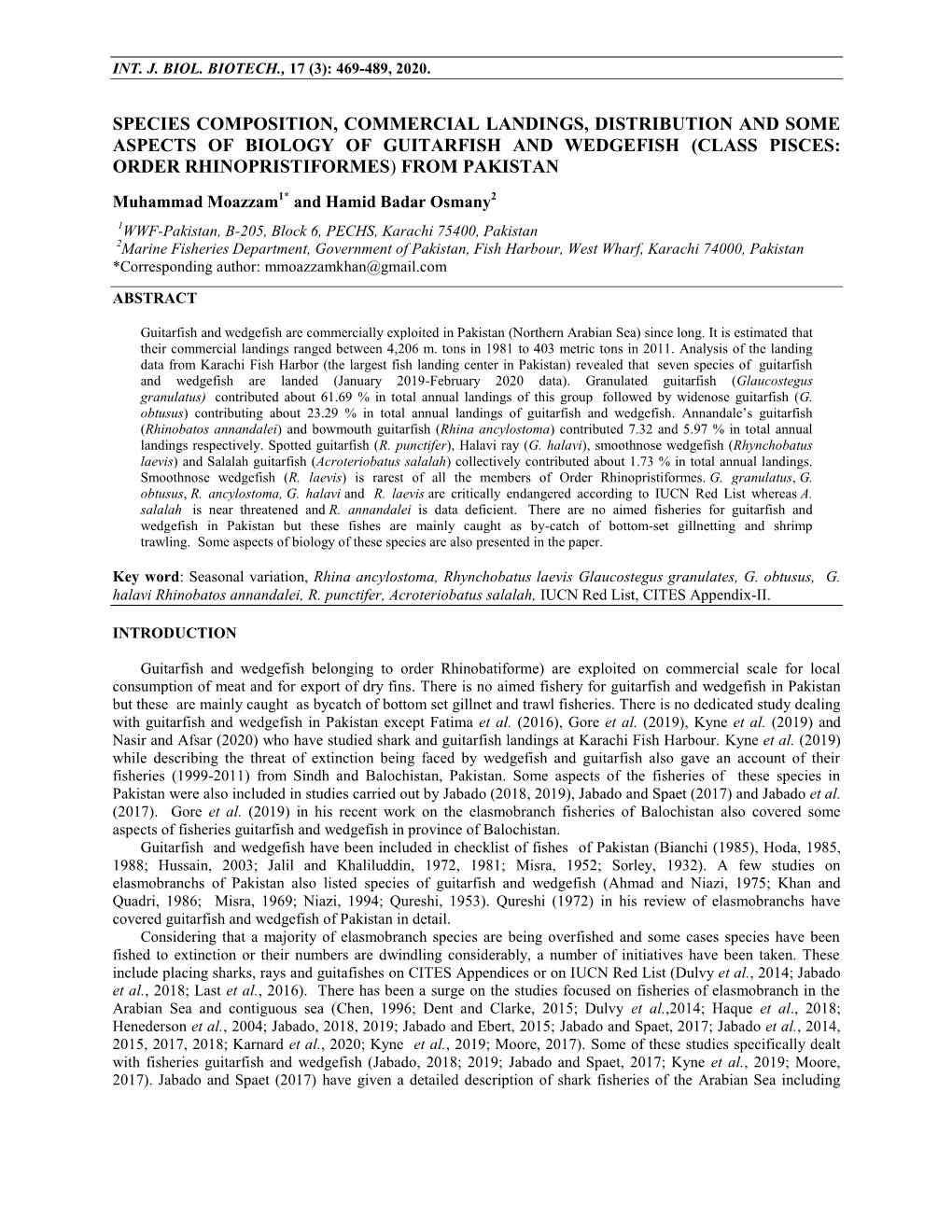 Species Composition, Commercial Landings, Distribution and Some Aspects of Biology of Guitarfish and Wedgefish (Class Pisces: Order Rhinopristiformes) from Pakistan