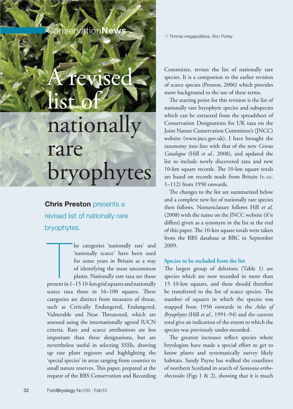 A Revised List of Nationally Rare Bryophytes