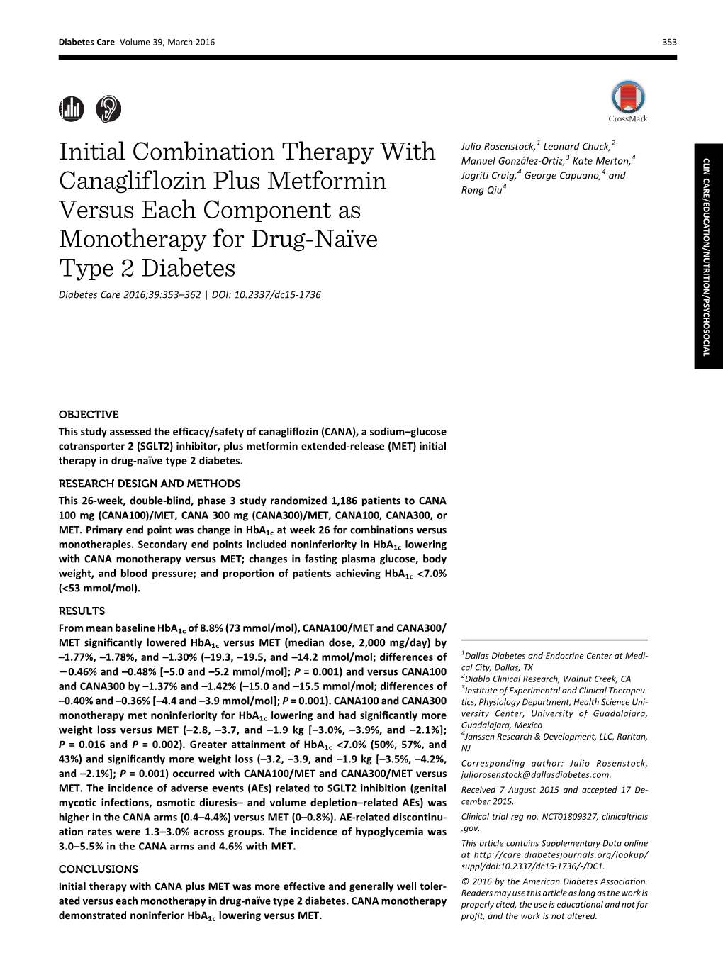 Initial Combination Therapy with Canagliflozin Plus Metformin Versus Each Component As Monotherapy for Drug-Naïve Type 2 Diabe