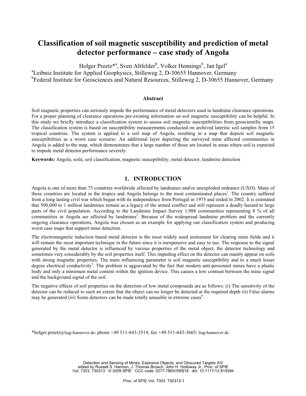 Classification of Soil Magnetic Susceptibility and Prediction of Metal Detector Performance – Case Study of Angola