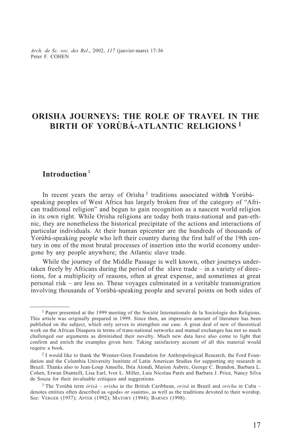 Orisha Journeys: the Role of Travel in the Birth of Yorùbá-Atlantic Religions 1