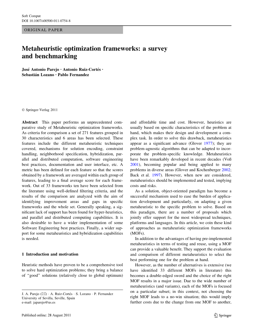 Metaheuristic Optimization Frameworks: a Survey and Benchmarking
