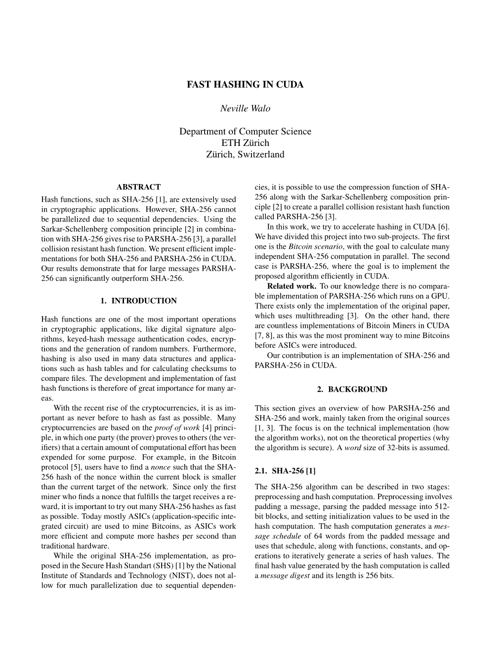 FAST HASHING in CUDA Neville Walo Department of Computer