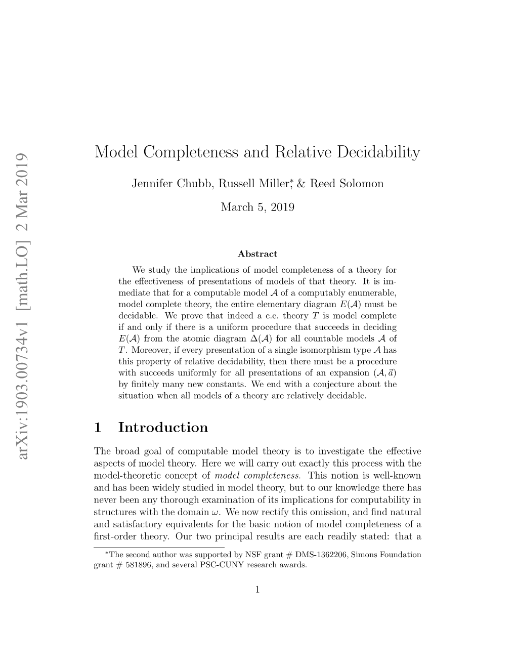 Model Completeness and Relative Decidability