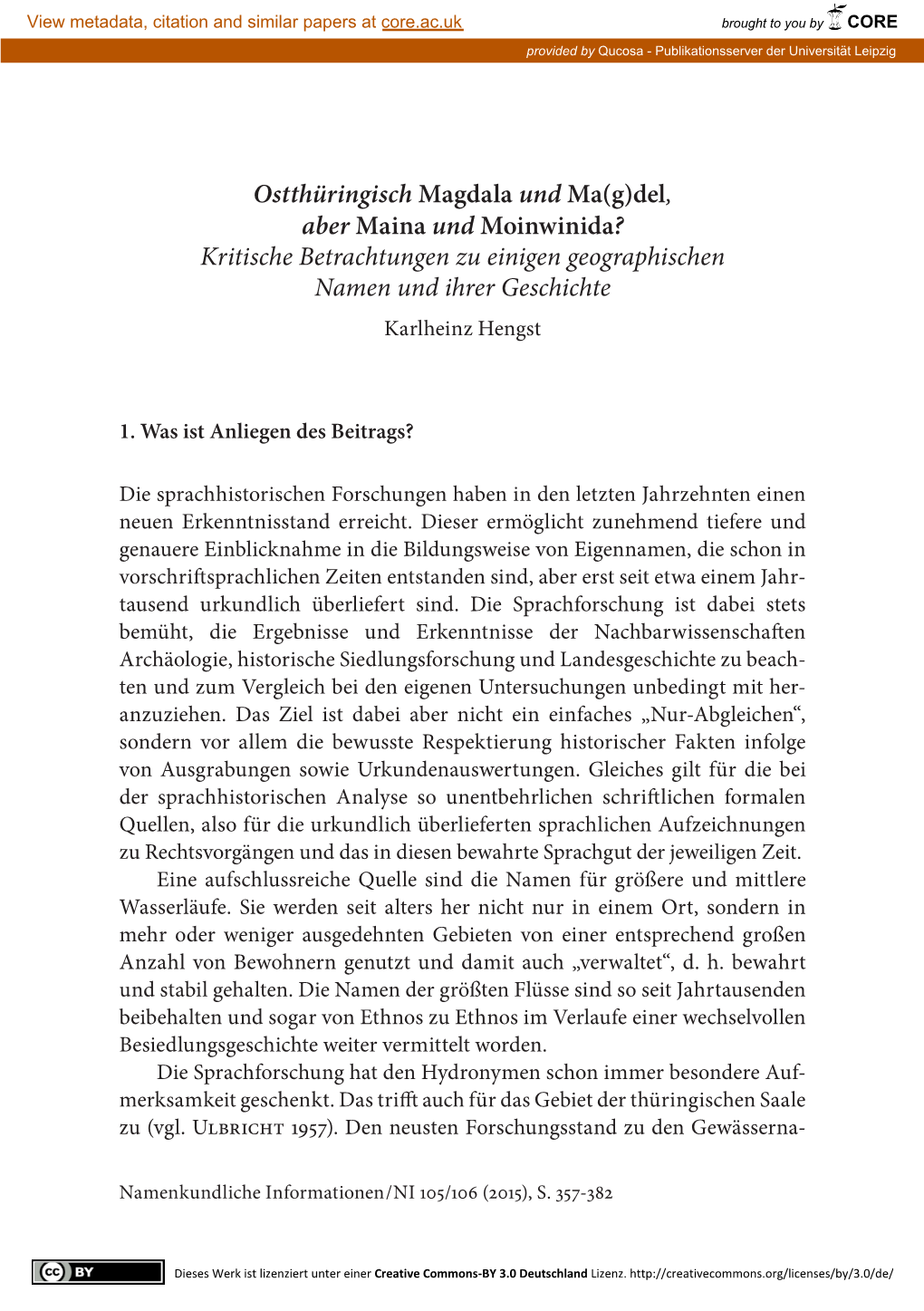 Ostthüringisch Magdala Und Ma(G)Del, Aber Maina Und Moinwinida? Kritische Betrachtungen Zu Einigen Geographischen Namen Und Ihrer Geschichte Karlheinz Hengst