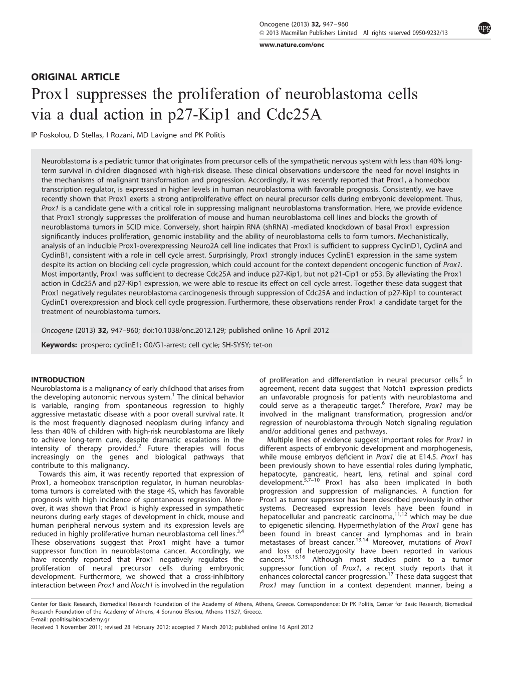 Prox1 Suppresses the Proliferation of Neuroblastoma Cells Via a Dual Action in P27-Kip1 and Cdc25a