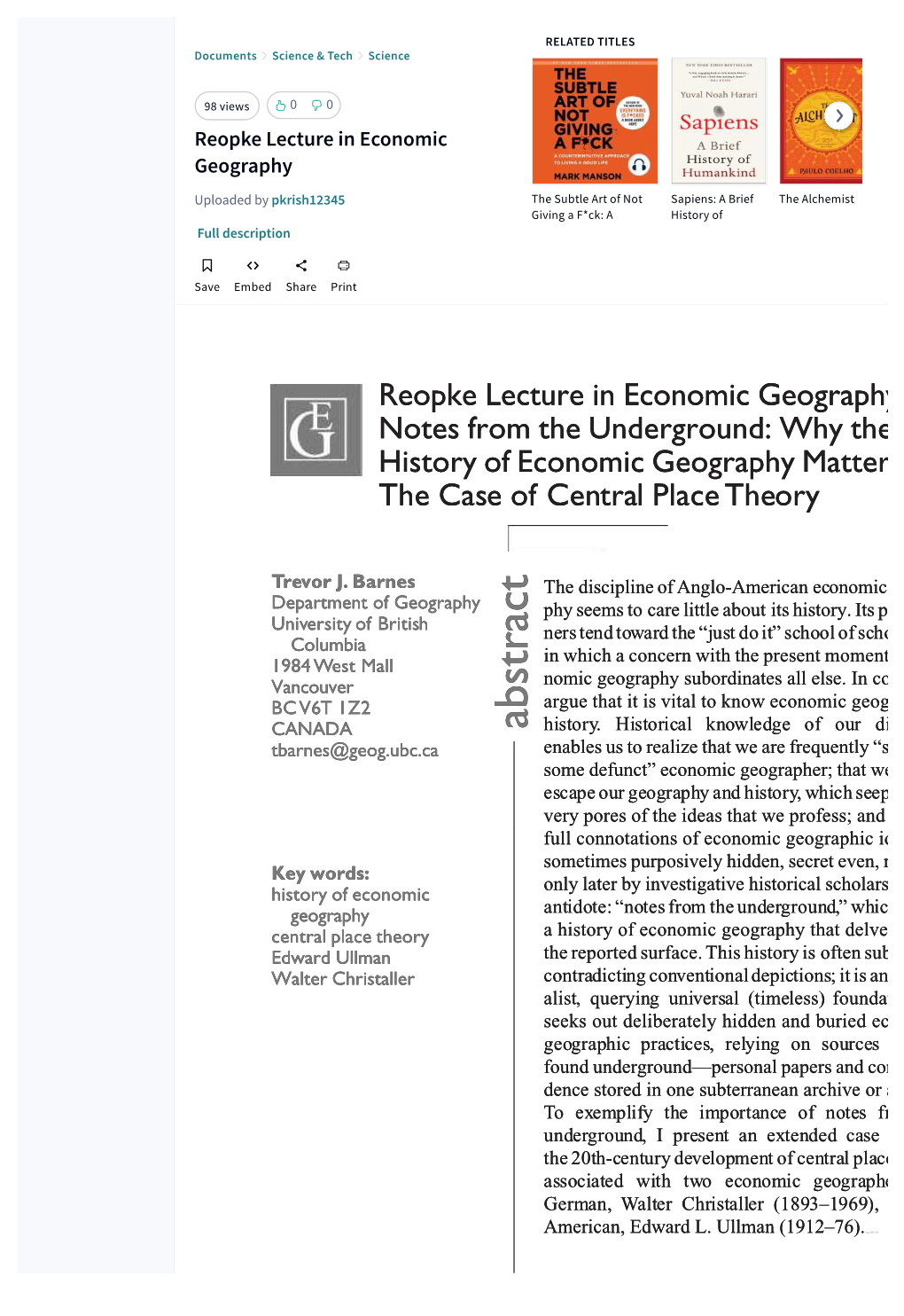 Why the History of Economic Geography Matters: the Case of Central Place Theory