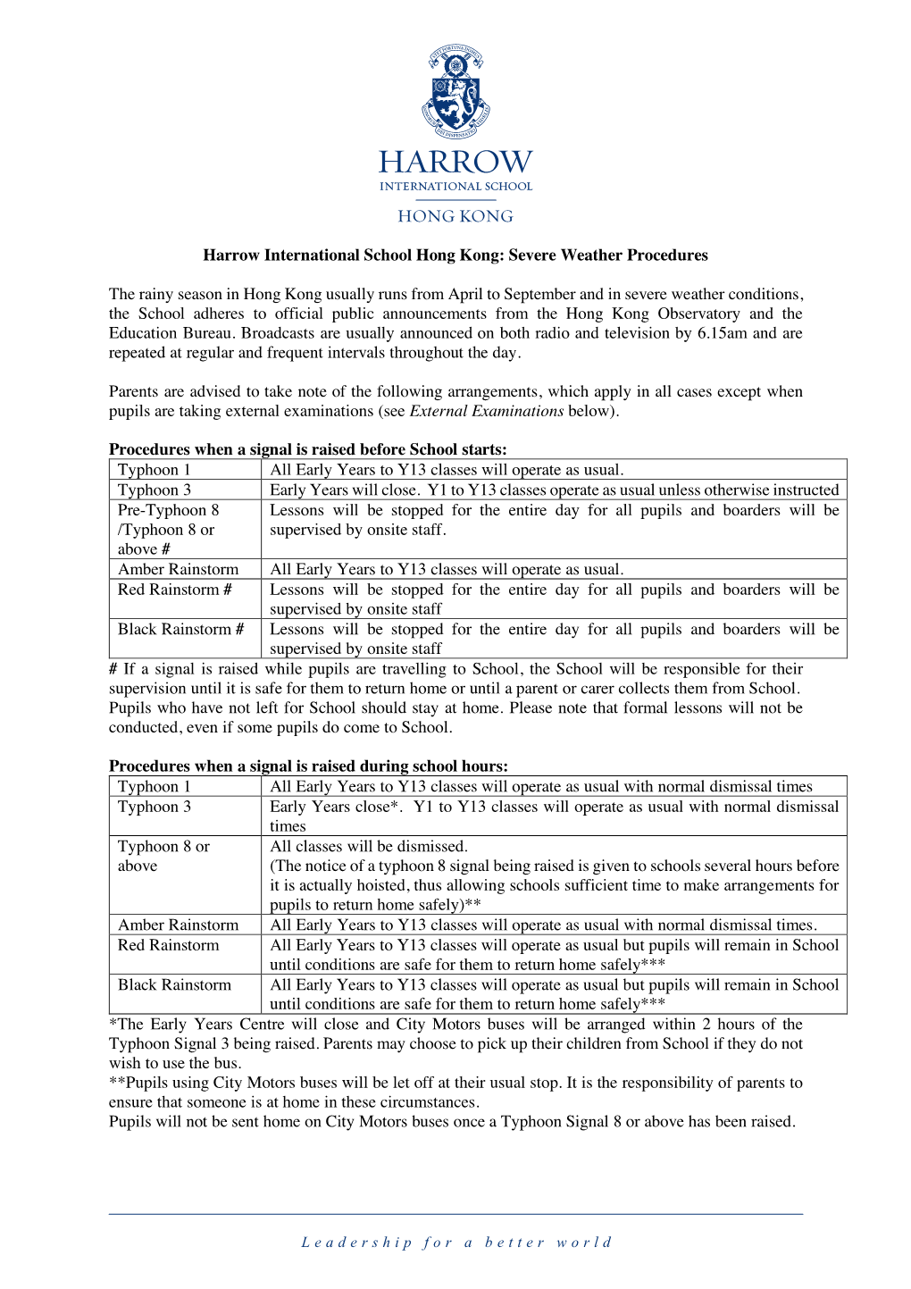 Harrow Hong Kong's Severe Weather Policy