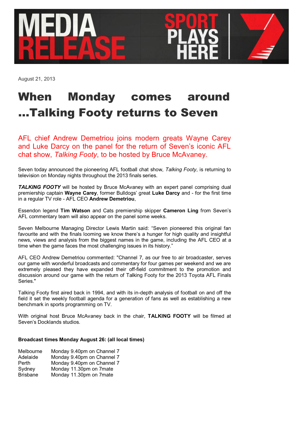 Talking Footy Returns to Seven