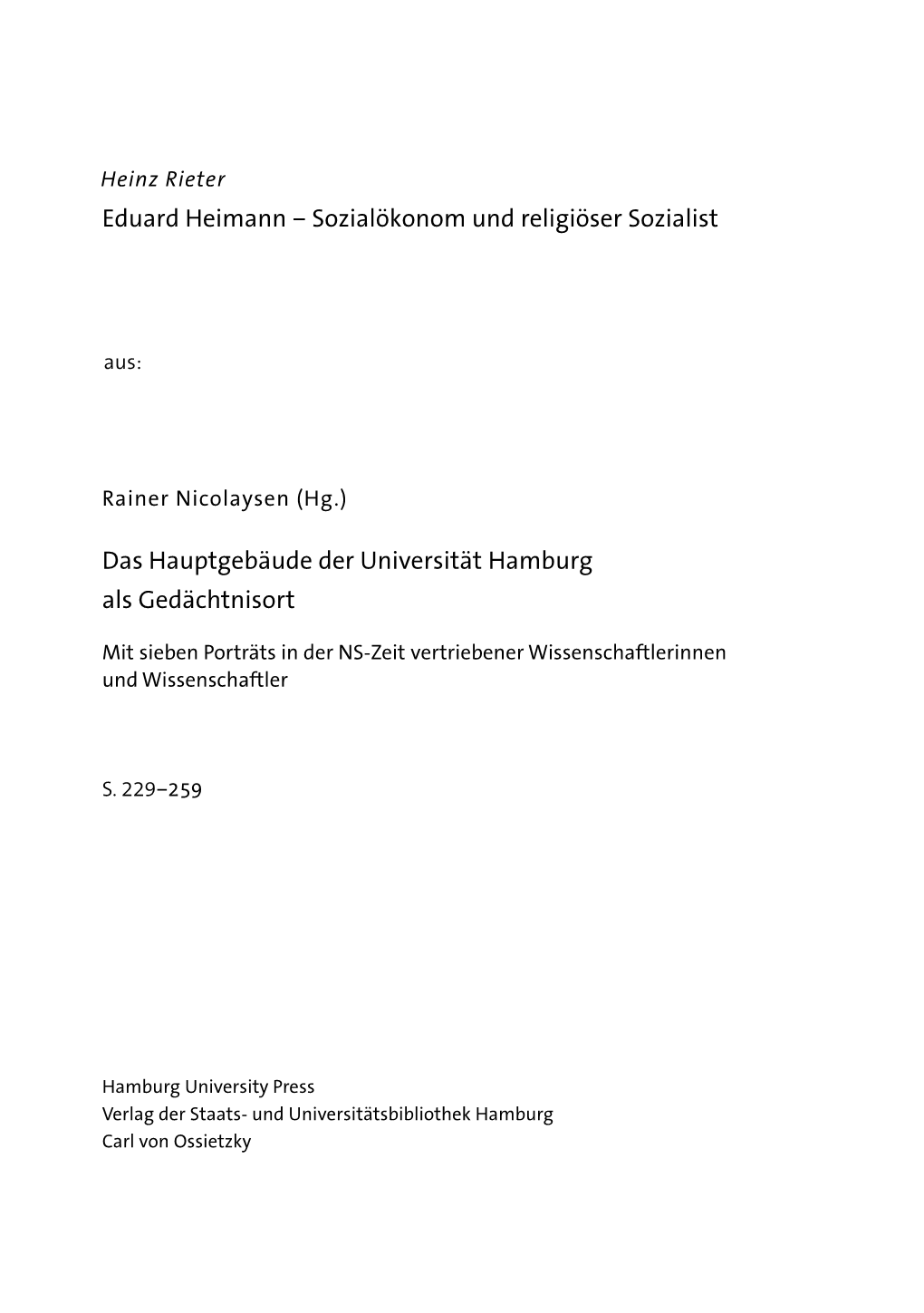 Eduard Heimann – Sozialökonom Und Religiöser Sozialist