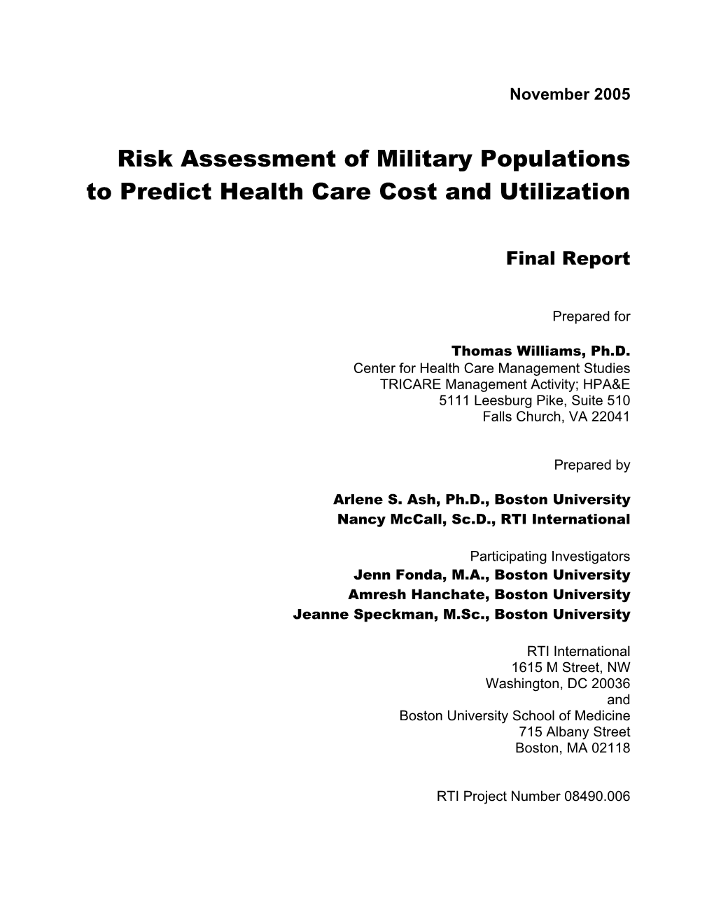 Risk Assessment of Military Populations to Predict Health Care Cost and Utilization