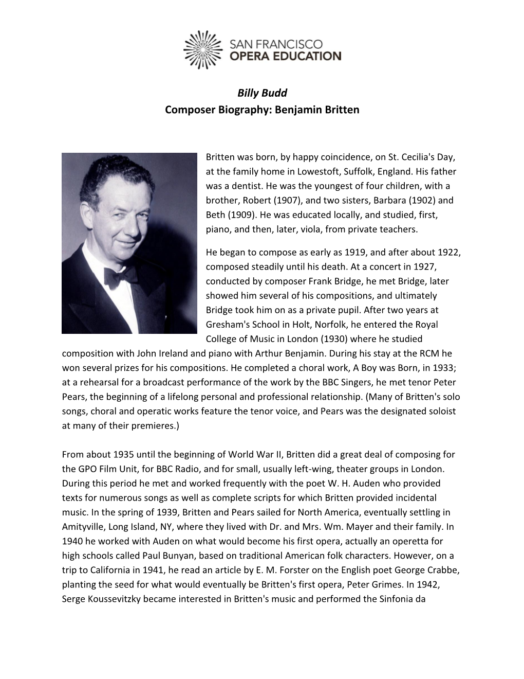 Billy Budd Composer Biography: Benjamin Britten