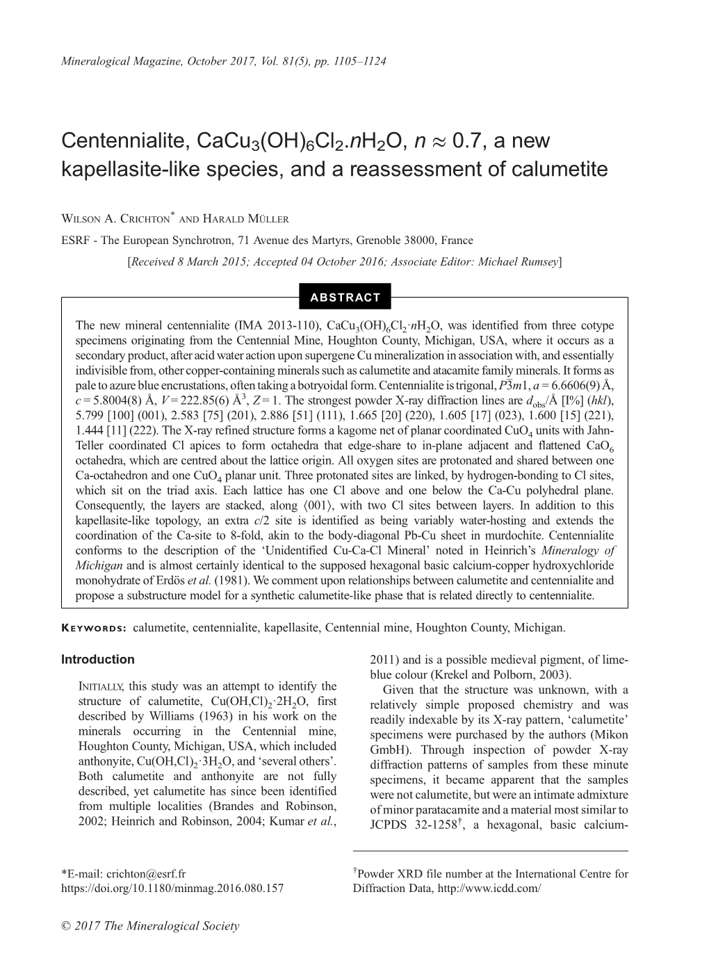 Centennialite, Cacu3(OH)6Cl2.Nh2o, N ≈ 0.7, a New Kapellasite-Like Species, and a Reassessment of Calumetite