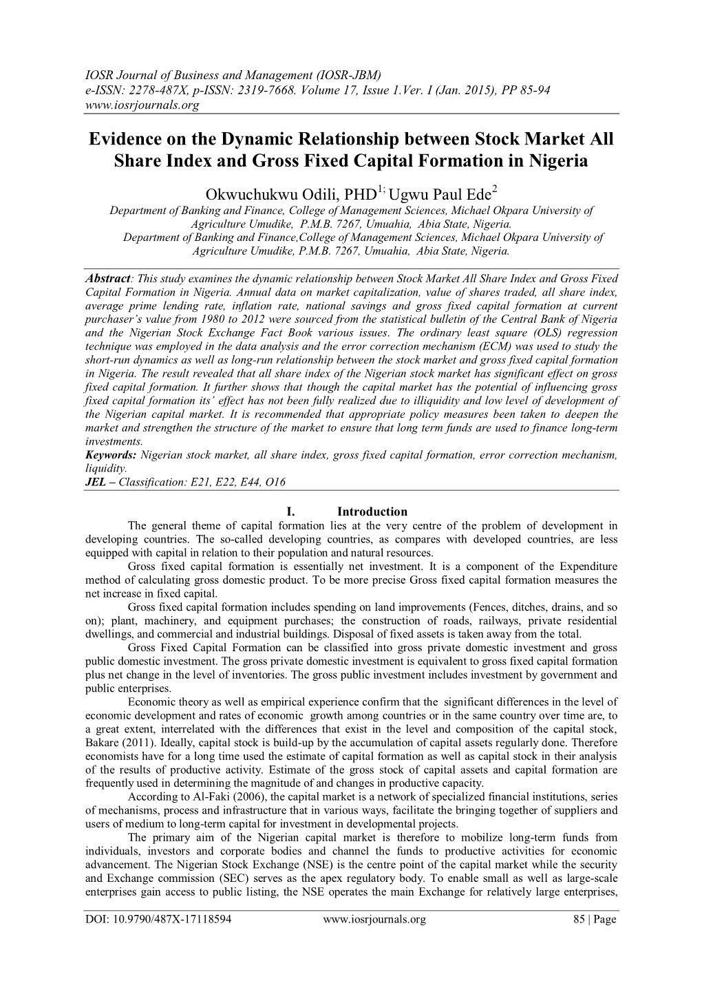 Evidence on the Dynamic Relationship Between Stock Market All Share Index and Gross Fixed Capital Formation in Nigeria