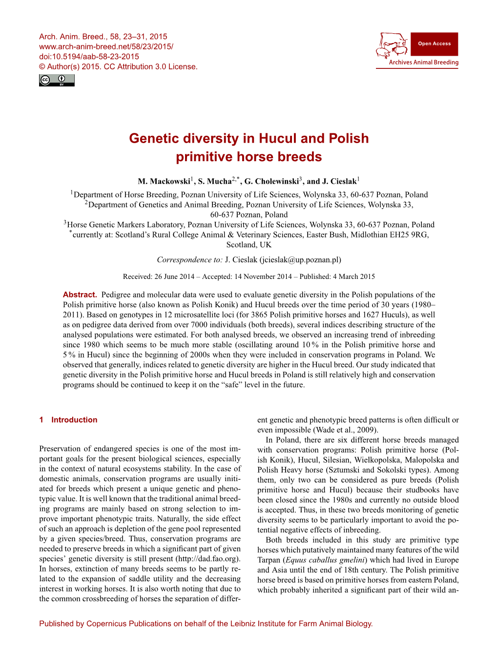 Genetic Diversity in Hucul and Polish Primitive Horse Breeds