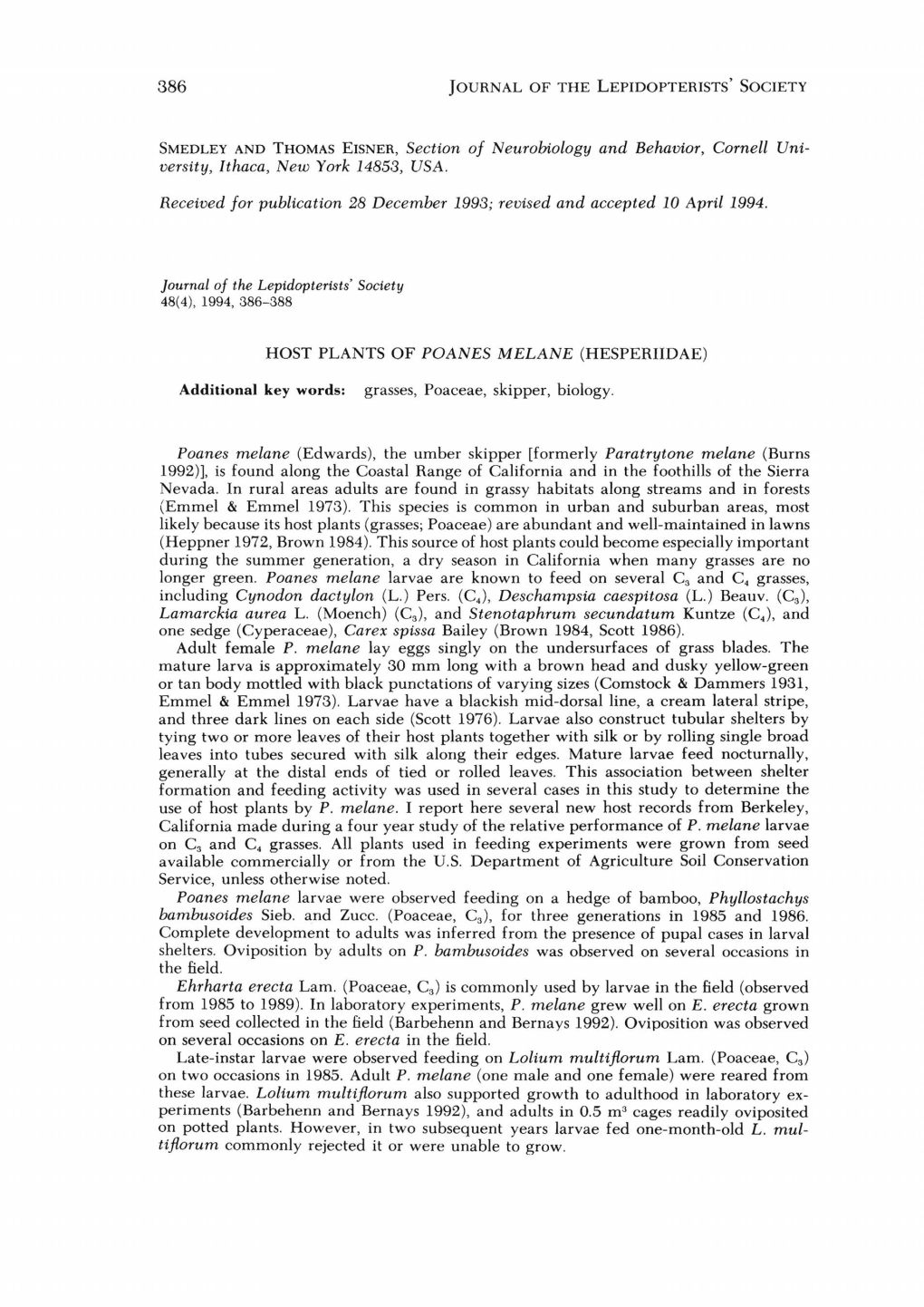 Host Plants of Poanes Melane (Hesperiidae)