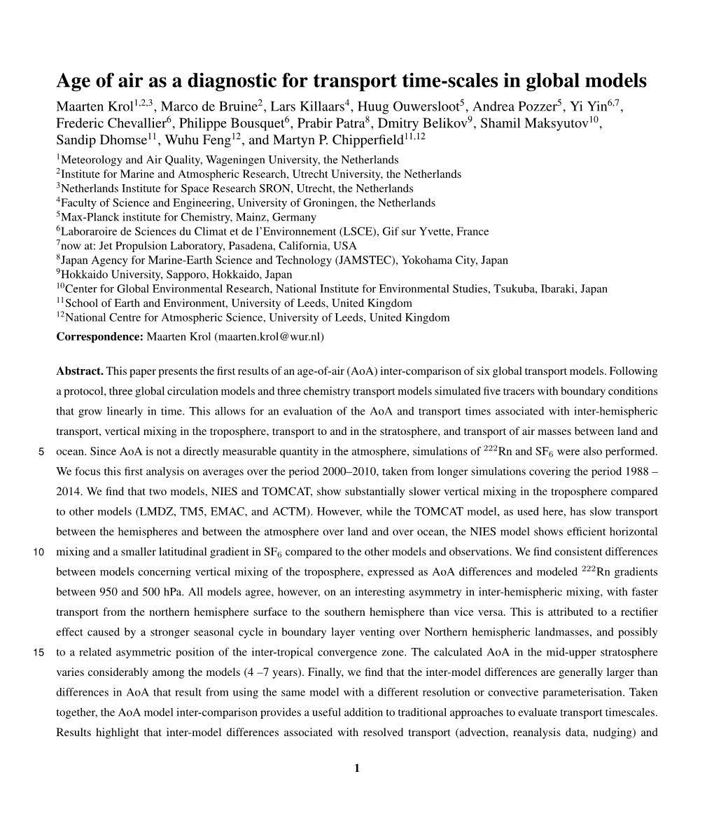 Age of Air As a Diagnostic for Transport Time-Scales in Global Models