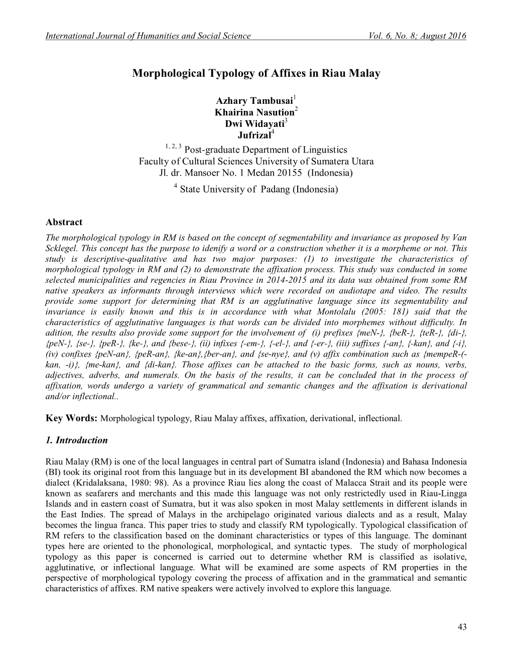 Morphological Typology of Affixes in Riau Malay