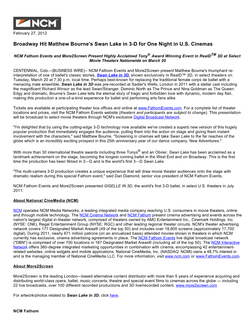 Broadway Hit Matthew Bourne's Swan Lake in 3-D for One Night in U.S. Cinemas