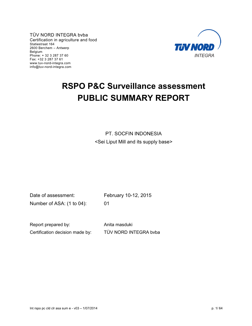 RSPO P&C Surveillance Assessment PUBLIC SUMMARY REPORT