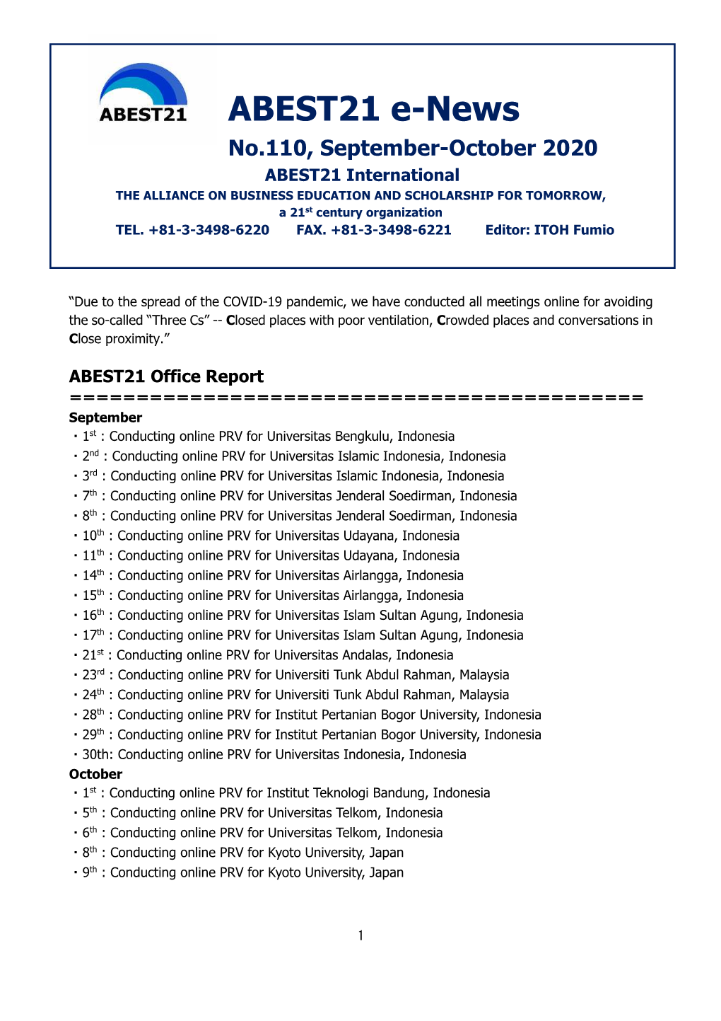 ABEST21 Enews No.110, September-October 2020
