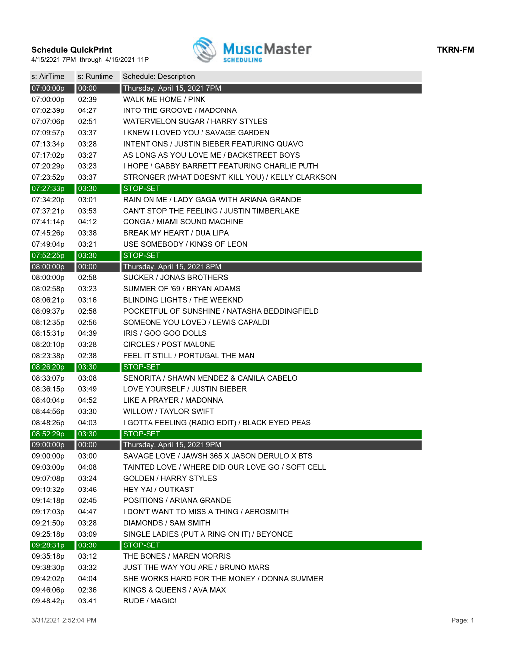 Schedule Quickprint TKRN-FM