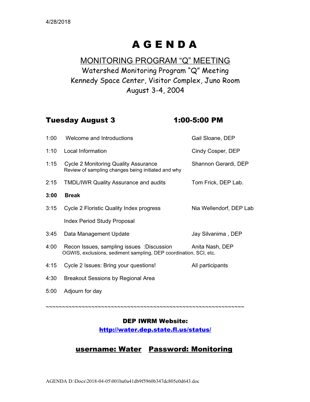 Watershed Monitoring Program Q Meeting